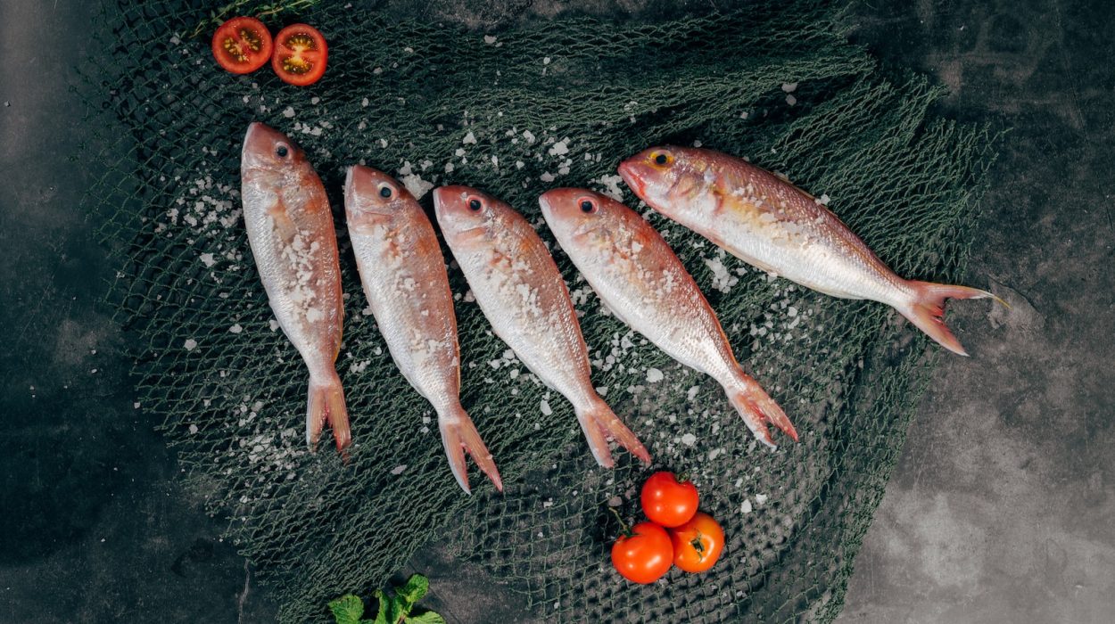 five fish between tomatoes on black net